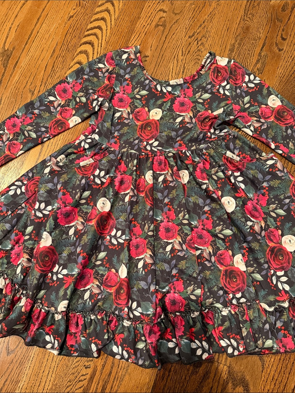Little BOE Girls Floral Long-Sleeve Twirl Dress - Red Rose Print Sz 6